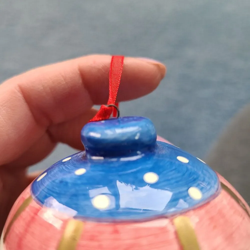 Vintage Hand-Painted Handmade Ceramic Christmas Ornament Holly Berry Red Ribbon